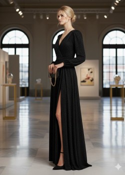 فستان سهرة براق بفتحة جانبية جذابة 4006  - اسود