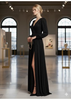 فستان سهرة براق بفتحة جانبية جذابة 4006  - اسود