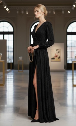 Shimmer Evening Gown with High Slit 4006  - black