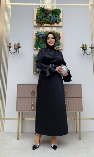 Elegant Evening Dress with Pearls and Ruffle Sleeves 4007  - black