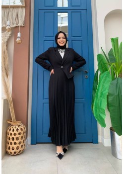 فستان أسود بتصميم بليزر وتنورة بليسيه 4008  - اسود