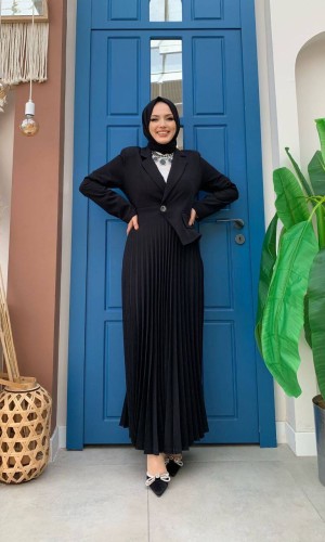 Black Blazer-Style Pleated Dress 4008  - black