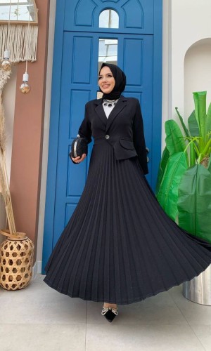 Black Blazer-Style Pleated Dress 4008  - black