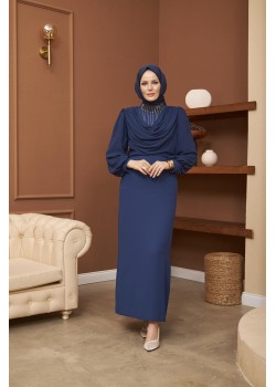 فستان سهرة راقٍ بياقة درابية وتفاصيل كريستال 4009 - كحلي