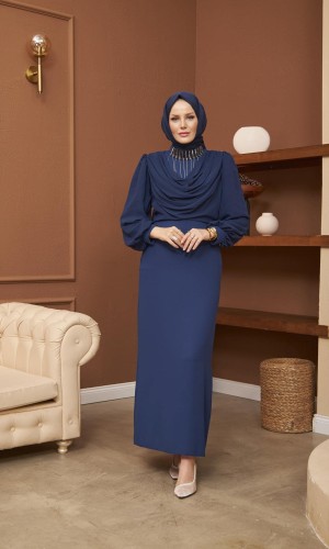 Elegant Modest Evening Dress with Draped Neck and Crystals 4009 - deep blue