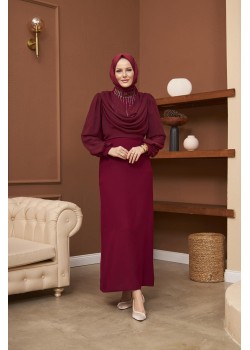 فستان سهرة راقٍ بياقة درابية وتفاصيل كريستال 4009 - خمري