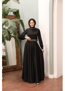 فستان سهرة ساتان دبل كلوش فاخر وتطريز كريستال 4011 - اسود