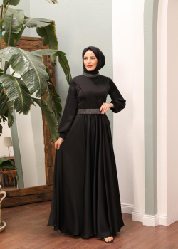 فستان سهرة ساتان دبل كلوش فاخر وتطريز كريستال 4011 - اسود