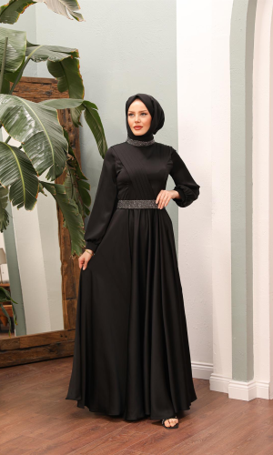 فستان سهرة ساتان دبل كلوش فاخر وتطريز كريستال 4011 - اسود