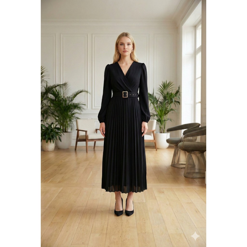 pleated belt dress Elegant Pleated V-Neck Dress with Belt 4012 - black - OUTER WEAR - Moda Mix