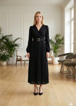 فستان شيفون بليسيه بتصميم لف وحزام أنيق 4012 - اسود