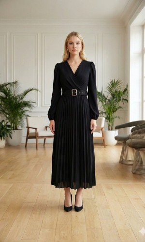 Elegant Pleated V-Neck Dress with Belt 4012 - black