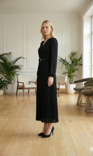 Elegant Pleated V-Neck Dress with Belt 4012 - black