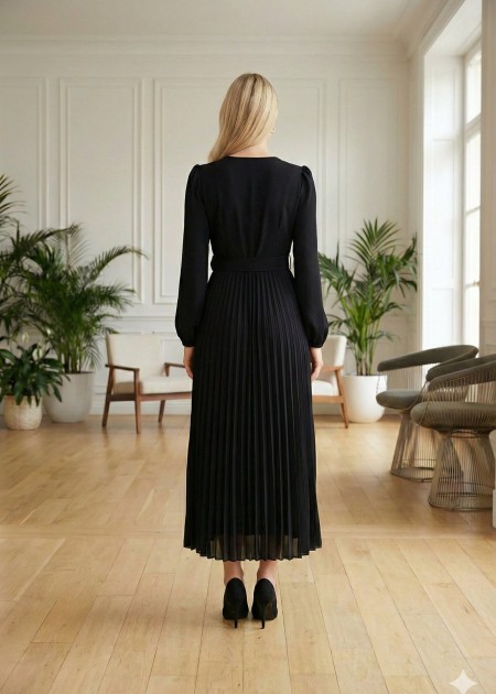 pleated belt dress Elegant Pleated V-Neck Dress with Belt 4012 - black - OUTER WEAR - Moda Mix