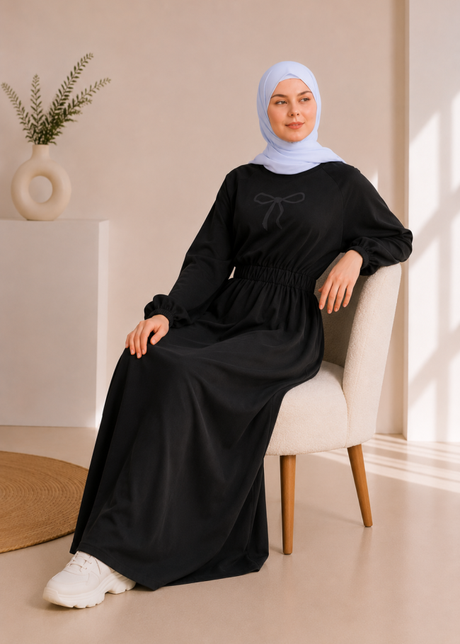 4069  فستان قطن ببيونة - اسود