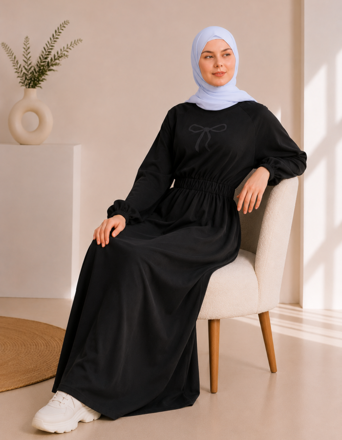 4069  فستان قطن ببيونة - اسود