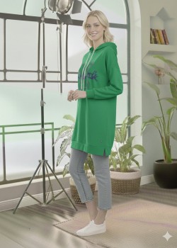 بلوزة هودي قطنية طويلة - قالب أوروبي عريض 101 - اخضر