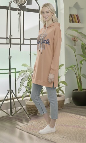 بلوزة هودي قطنية طويلة - قالب أوروبي عريض 101 - بيج