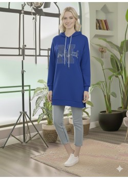 بلوزة هودي قطنية طويلة - قالب أوروبي عريض 101 - ازرق