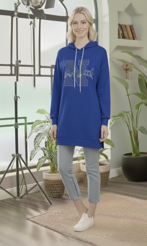 بلوزة هودي قطنية طويلة - قالب أوروبي عريض 101 - ازرق