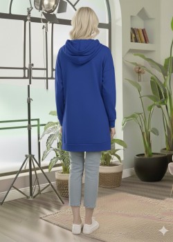 بلوزة هودي قطنية طويلة - قالب أوروبي عريض 101 - ازرق