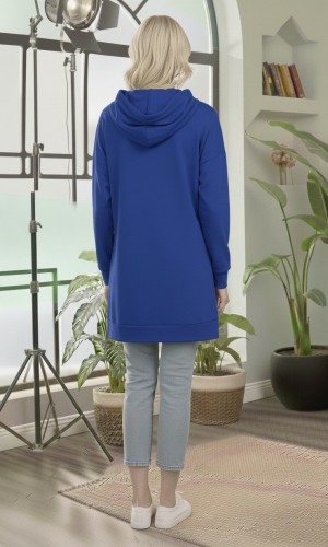 بلوزة هودي قطنية طويلة - قالب أوروبي عريض 101 - ازرق