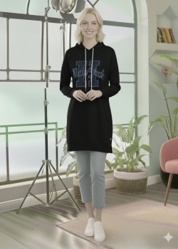 بلوزة هودي قطنية طويلة - قالب أوروبي عريض 101 - اسود