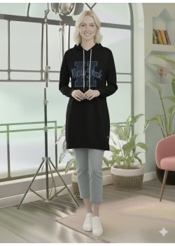 بلوزة هودي قطنية طويلة - قالب أوروبي عريض 101 - اسود