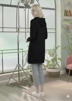 بلوزة هودي قطنية طويلة - قالب أوروبي عريض 101 - اسود