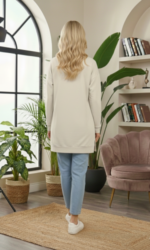 بلوزة قطن طويلة مريحة بطبعة قلوب 102  - بيج