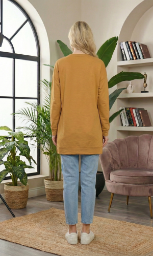 بلوزة قطن طويلة مريحة بطبعة قلوب 102  - عسلي