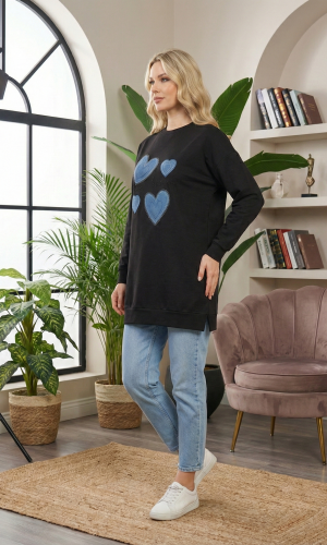 بلوزة قطن طويلة مريحة بطبعة قلوب 102  - اسود