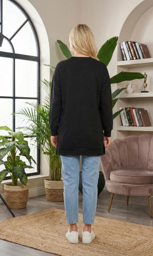 بلوزة قطن طويلة مريحة بطبعة قلوب 102  - اسود