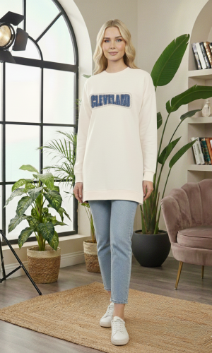 بلوزة قطن طويلة مريحة بطبعة مميزة 103 - ابيض