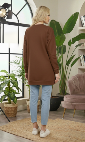 بلوزة قطن طويلة مريحة بطبعة مميزة 103 - بني