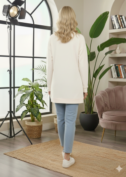 بلوزة قطن طويلة مريحة بطبعة مميزة 103 - ابيض