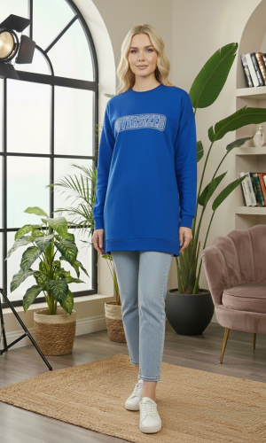 بلوزة قطن طويلة مريحة بطبعة مميزة 103 - ازرق