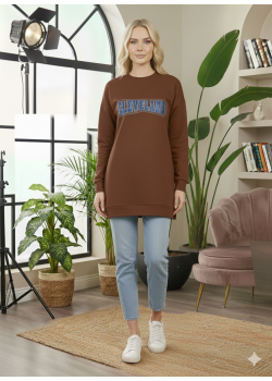 بلوزة قطن طويلة مريحة بطبعة مميزة 103 - بني