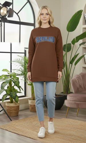 بلوزة قطن طويلة مريحة بطبعة مميزة 103 - بني