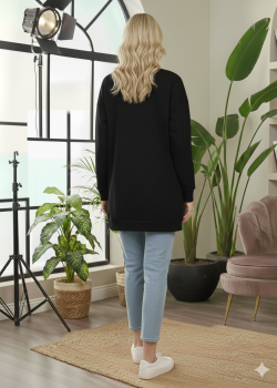 بلوزة قطن طويلة مريحة بطبعة مميزة 103 - اسود