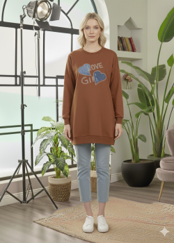 بلوزة قطن طويلة بطبعة عصرية وجذابة 104 - بني