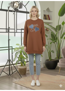 بلوزة قطن طويلة بطبعة عصرية وجذابة 104 - بني