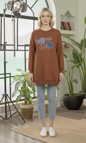 بلوزة قطن طويلة بطبعة عصرية وجذابة 104 - بني