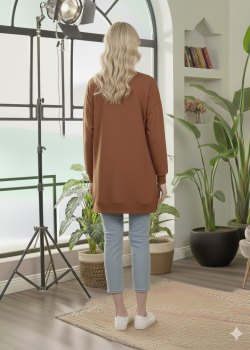 بلوزة قطن طويلة بطبعة عصرية وجذابة 104 - بني