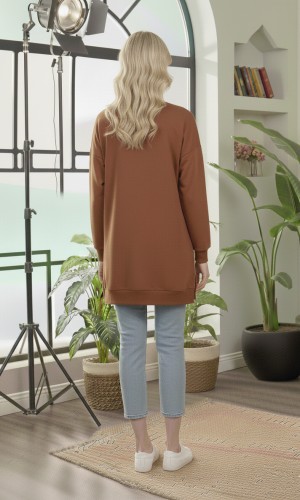 بلوزة قطن طويلة بطبعة عصرية وجذابة 104 - بني