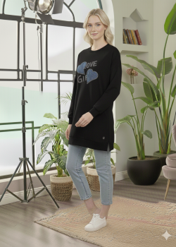 بلوزة قطن طويلة بطبعة عصرية وجذابة 104 - اسود