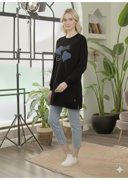 بلوزة قطن طويلة بطبعة عصرية وجذابة 104 - اسود