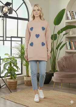 بلوزة قطن طويلة مريحة بطبعات متنوعة 105  - بيج