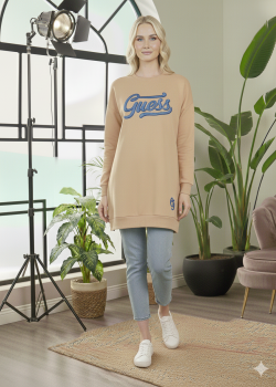 بلوزة قطن طويلة مريحة بطبعة عصرية 106 - بيج