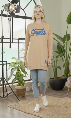 بلوزة قطن طويلة مريحة بطبعة عصرية 106 - بيج